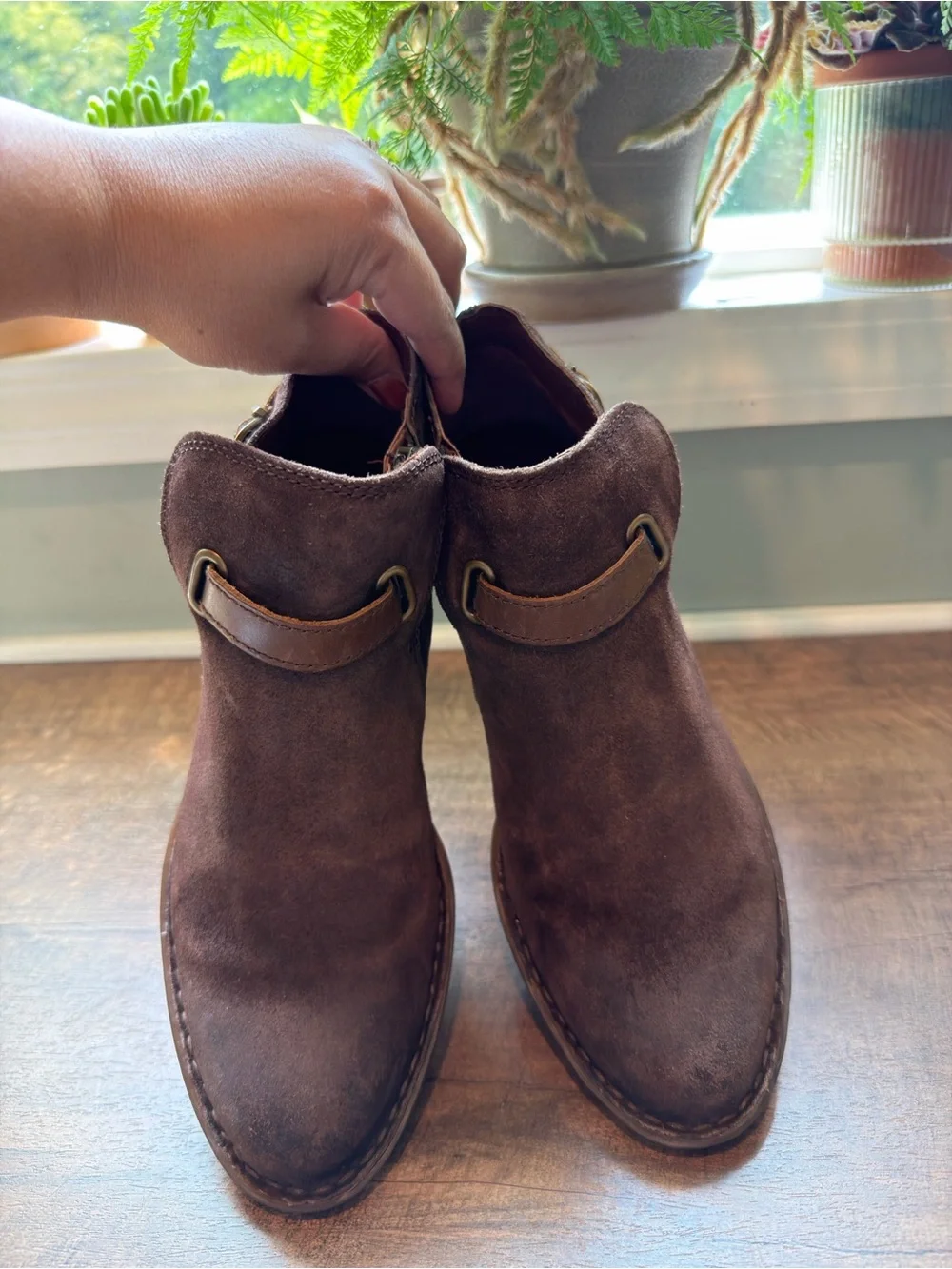 Born Brown Suede Ankle Boots Side Zip Buckle Strap Round Toe Women US 8 M